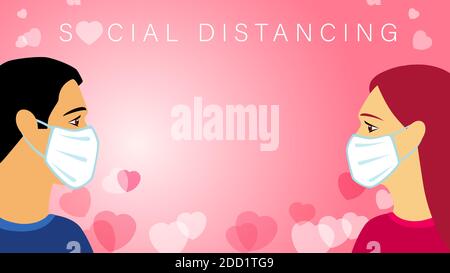 Valentines Day Social distancing concept with men & women in medical mask. Happy Valentine`s Day banner with people on pink and white hearts Stock Vector